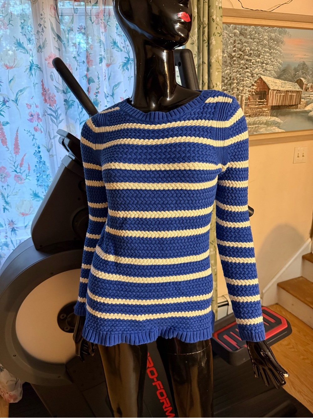 Talbots Blue and Cream Striped Crewneck Sweater